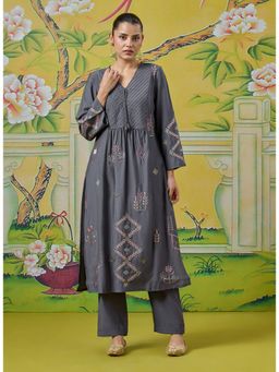 Lakshita - Women Grey Festive A-Line Fit Kurta and Pant