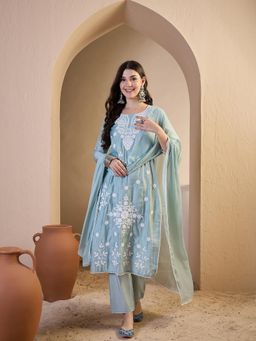 INDDUS - Women Blue Festive Straight Fit Kurta and Pant with Dupatta