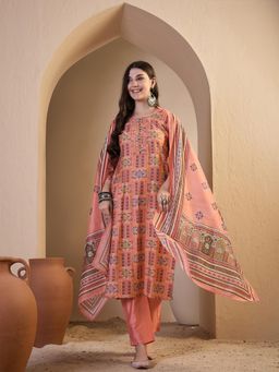 INDDUS - Women Peach Festive Straight Fit Kurta and Pant with Dupatta
