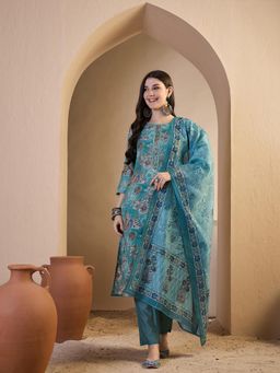 INDDUS - Women Turquoise Festive Straight Fit Kurta and Pant with Dupatta