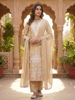 INDDUS - Women Beige Festive Straight Fit Kurta and Pant with Dupatta