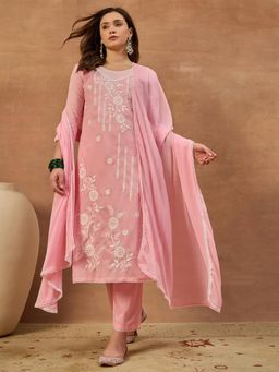 INDDUS - Women Pink Festive Straight Fit Kurta and Trouser and Dupatta