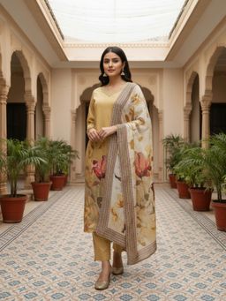 INDDUS - Women Yellow Festive Straight Fit Kurta and Pant with Dupatta