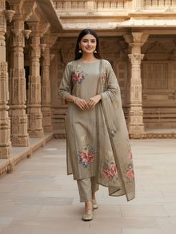 INDDUS - Women Olive Festive Straight Fit Kurta and Pant with Dupatta