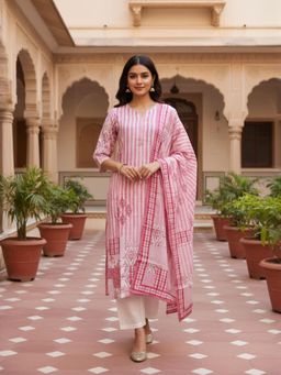 INDDUS - Women Pink Festive Straight Fit Kurta and Trouser and Dupatta