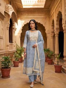 INDDUS - Women Blue Festive Straight Fit Kurta and Trouser and Dupatta