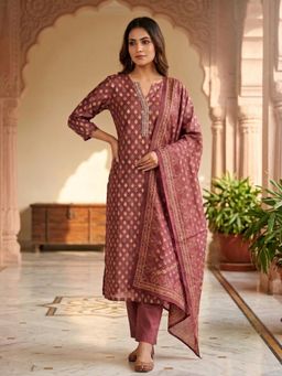 INDDUS - Women Maroon Festive Straight Fit Kurta and Trouser and Dupatta
