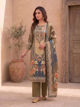 INDDUS - Women Olive Festive Straight Fit Kurta and Trouser and Dupatta