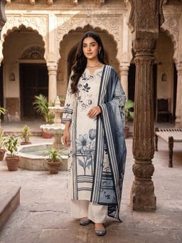 INDDUS - Women Off White Festive Straight Fit Kurta and Palazzo with Dupatta