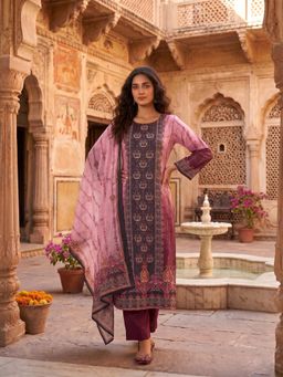INDDUS - Women Pink Festive Straight Fit Kurta and Trouser and Dupatta