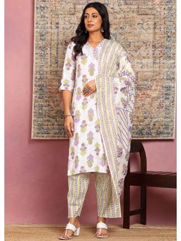 Saffe - Women White Festive Straight Fit Kurta and Trouser with Dupatta