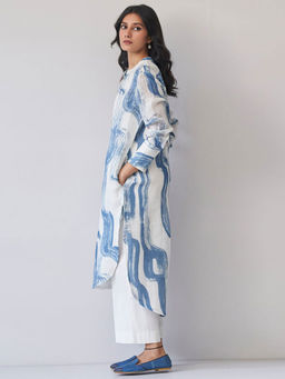 Ganga Fashions - Marshmallow and Blue Linen Kurta and Pant (Set of 2)