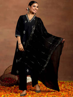 Gerua By Libas - Black Floral Embroidered Straight Kurta and Pant with Dupatta (Set of 3)