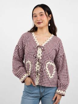 MYMASHA - Maroon Gingham Lace Tie-Up Top