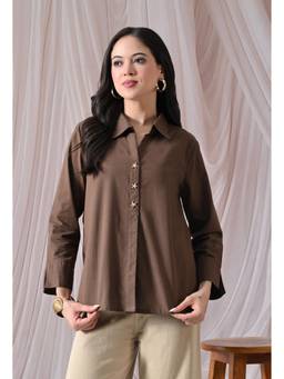 MYMASHA - Brown Pure Cotton Relaxed-Fit Shirt