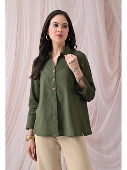 MYMASHA - Olive Pure Cotton Relaxed-Fit Shirt