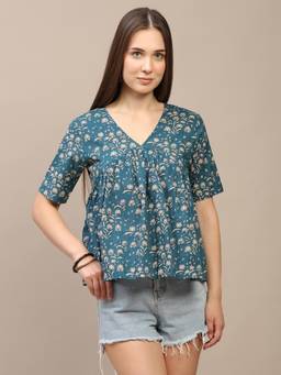 SPARSA - Teal Blue Printed Half-Sleeve Alia-Cut Cotton Top