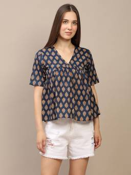 SPARSA - Navy Blue Printed Half-Sleeve Alia-Cut Cotton Top