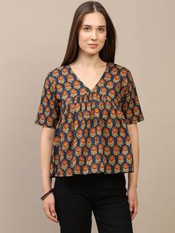 SPARSA - Navy Blue Printed Half-Sleeve Alia-Cut Cotton Top