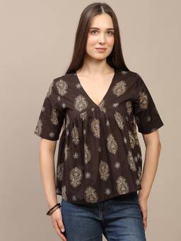SPARSA - Brown Printed Half-Sleeve Alia-Cut Cotton Top