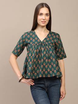 SPARSA - Dark Green Printed Half-Sleeve Alia-Cut Cotton Top