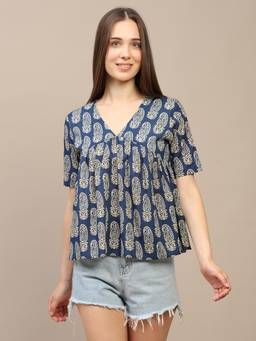 SPARSA - Blue Printed Half-Sleeve Alia-Cut Cotton Top