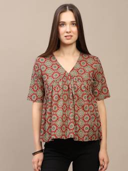 SPARSA - Maroon Printed Half-Sleeve Alia-Cut Cotton Top