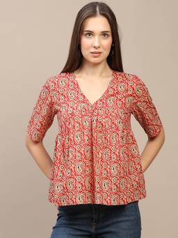 SPARSA - Red Printed Half-Sleeve Cotton Top