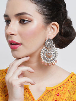 Karatcart - Rose Gold Pearl Oxidised Silver Kundan Chandbali Earrings