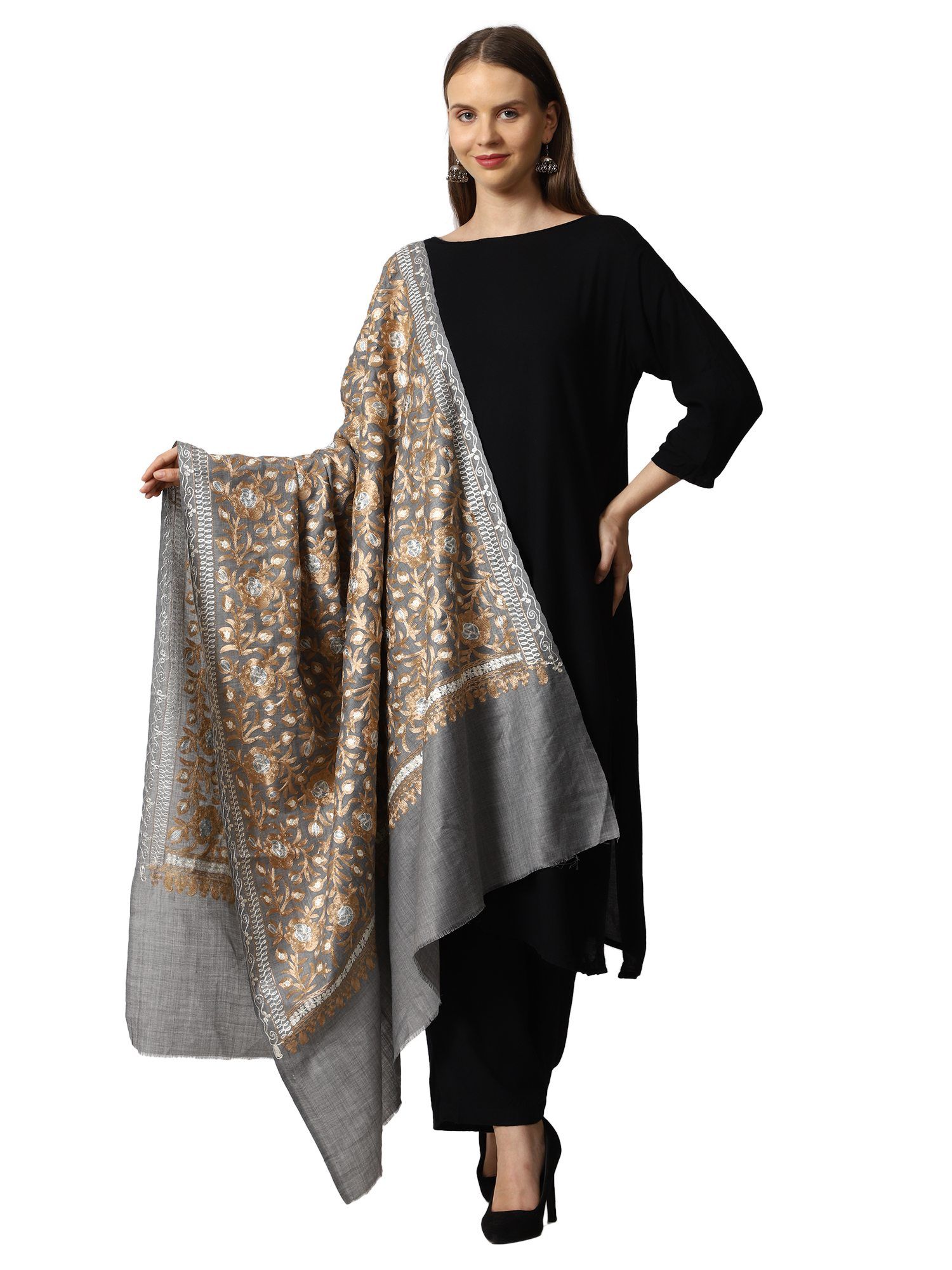 swi stylish Womens Kashmiri Aari Embroidered Wool Shawl-Grey-picture-22