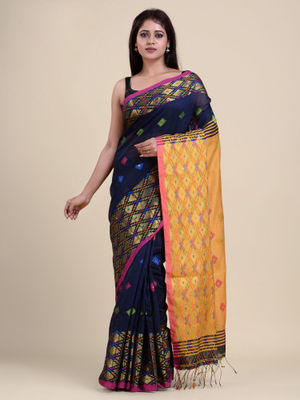 CHARUKRITI Navy Blue & Yellow Woven Design Zari Saree with Unstitched Blouse