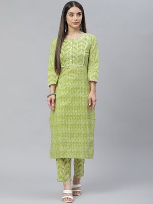 Buy Indibelle Cotton Parrot Green Floral Print Straight Kurta with ...