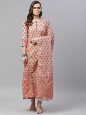 Indibelle cotton floral print A-line kurta set