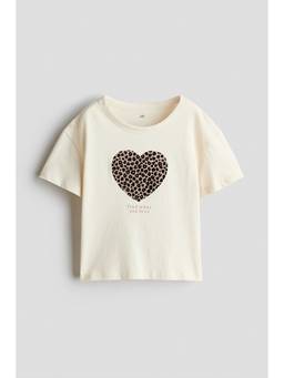 H&M - Girls Beige Printed Cotton T-Shirt