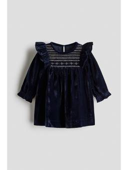 H&M - Girls Navy Blue Embroidery-Detail Velvet Dress