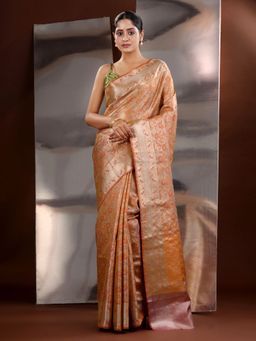 CHARUKRITI - Orange & Beige Silk Blend Floral Handwoven Saree with Unstitched Blouse