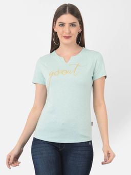 CRIMSOUNE CLUB - Women Mint Green Printed Round Neck T-Shirt