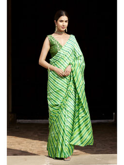 Geroo Luxe - Green Pure Tussar Silk Hand-Dyed Leheriya Saree with Unstitched Blouse