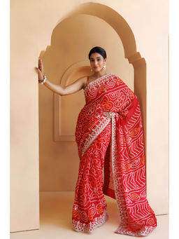 Geroo Luxe - Red Hand Embroidered Gota Patti Bandhani Saree with Unstitched Blouse