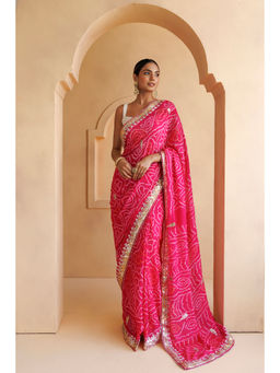 Geroo Luxe - Pink Hand Embroidered Bandhani Saree with Unstitched Blouse