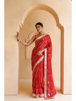 Geroo Luxe - Red Hand Embroidered Bandhani Saree with Unstitched Blouse