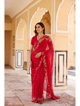 Geroo Luxe - Dark Red Hand Embroidered Aari-Zardozi Chiffon Saree with Unstitched Blouse
