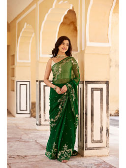 Geroo Luxe - Green Hand Embroidered Aari-Zardozi Chiffon Saree with Unstitched Blouse