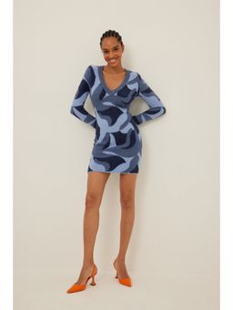 NA-KD - Fuzzy Knitted Pattern Mini Dress-blue Mix