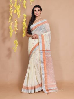 CHARUKRITI - Off White Cotton Handspun Ethnic Motifs & Woven Pallu Saree with Unstitched Blouse