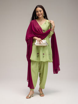 Gajra Gang - Green Chinon Printed Short Anarkali & Salwar with Dupatta Blushed Affair (Set of 3)