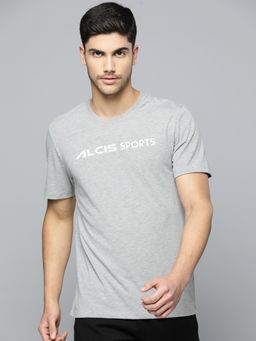 Alcis - Men Grey Typography Printed Anti Static Slim Fit Sports T-Shirt