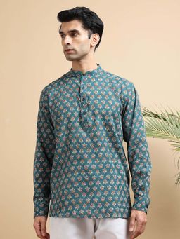 TATTVA - Men Teal Woven Thread Super Short Kurta