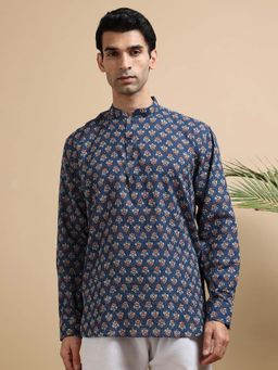 TATTVA - Men Navy Blue Woven Thread Super Short Kurta