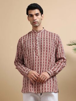 TATTVA - Men Maroon Woven Thread Super Short Kurta